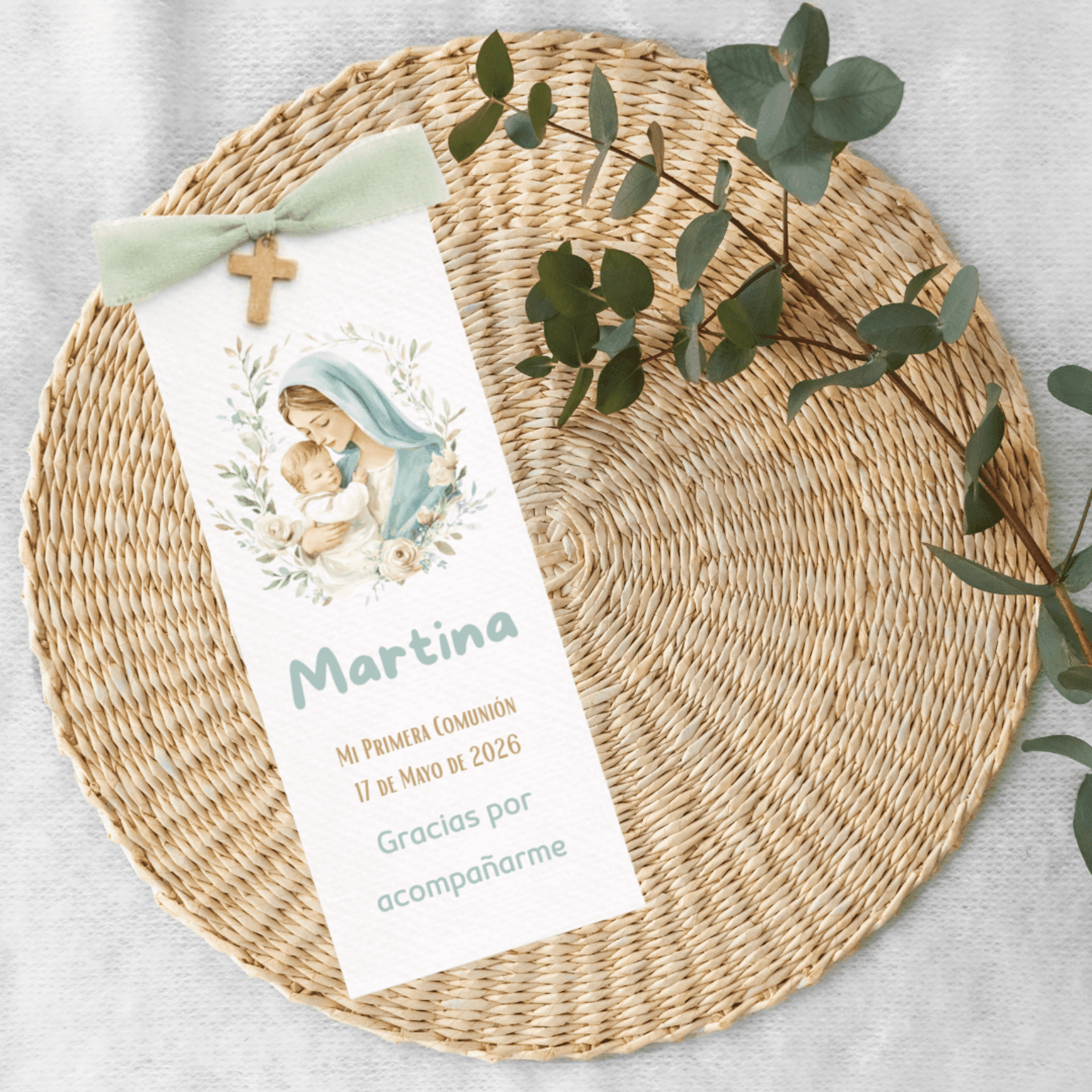 Recordatorios de comunión Virgen María – Cruz de madera con lazada seda - 1