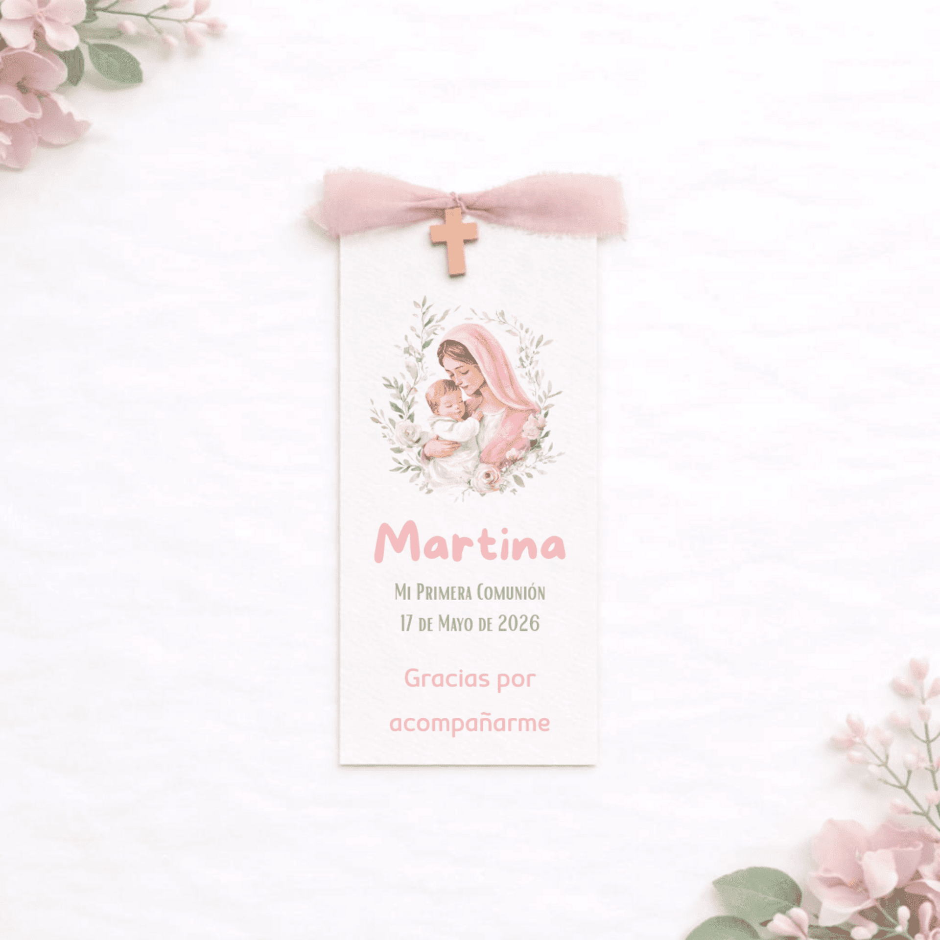 Recordatorios de comunión Virgen María – Cruz de madera con lazada seda - 3