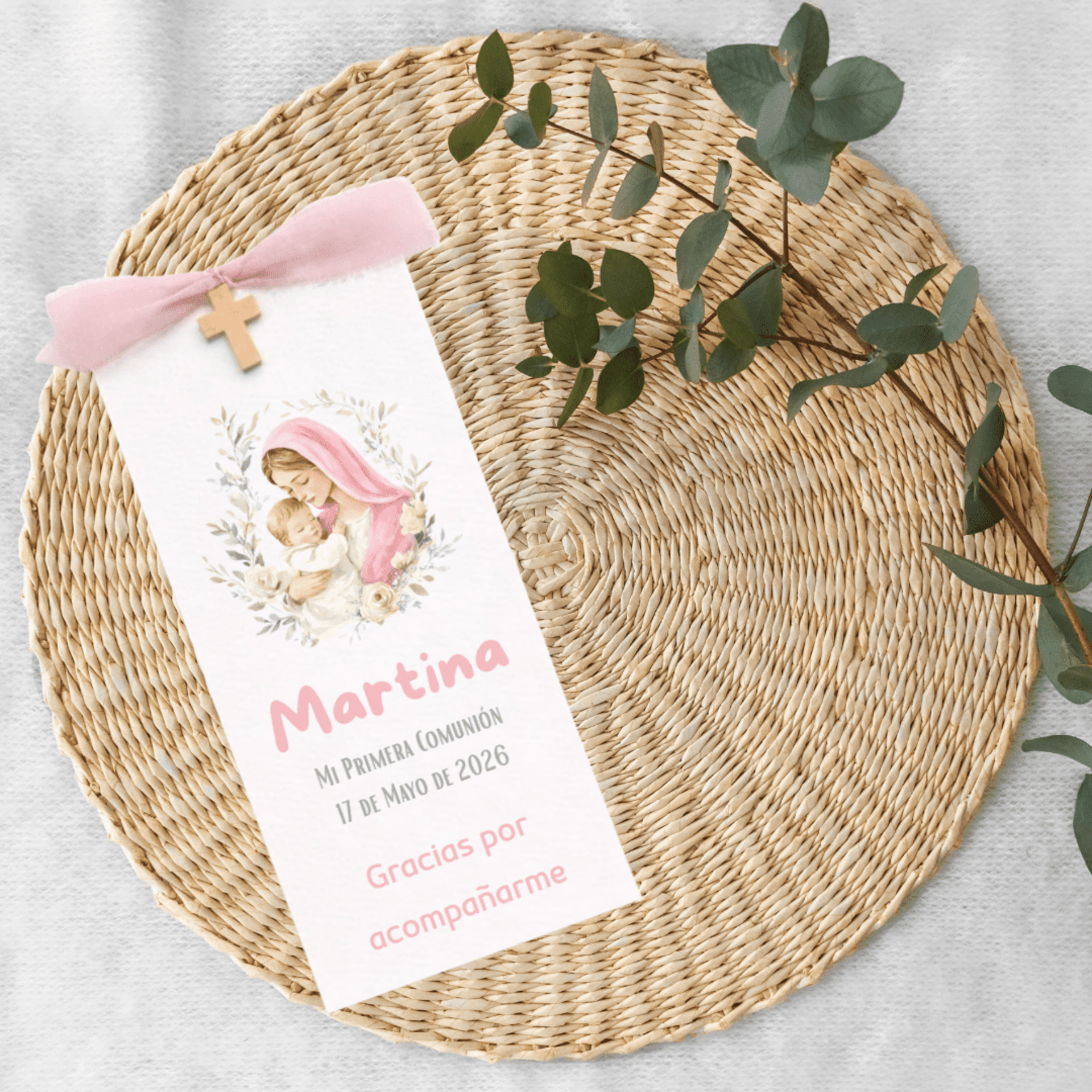 Recordatorios de comunión Virgen María – Cruz de madera con lazada seda - 2