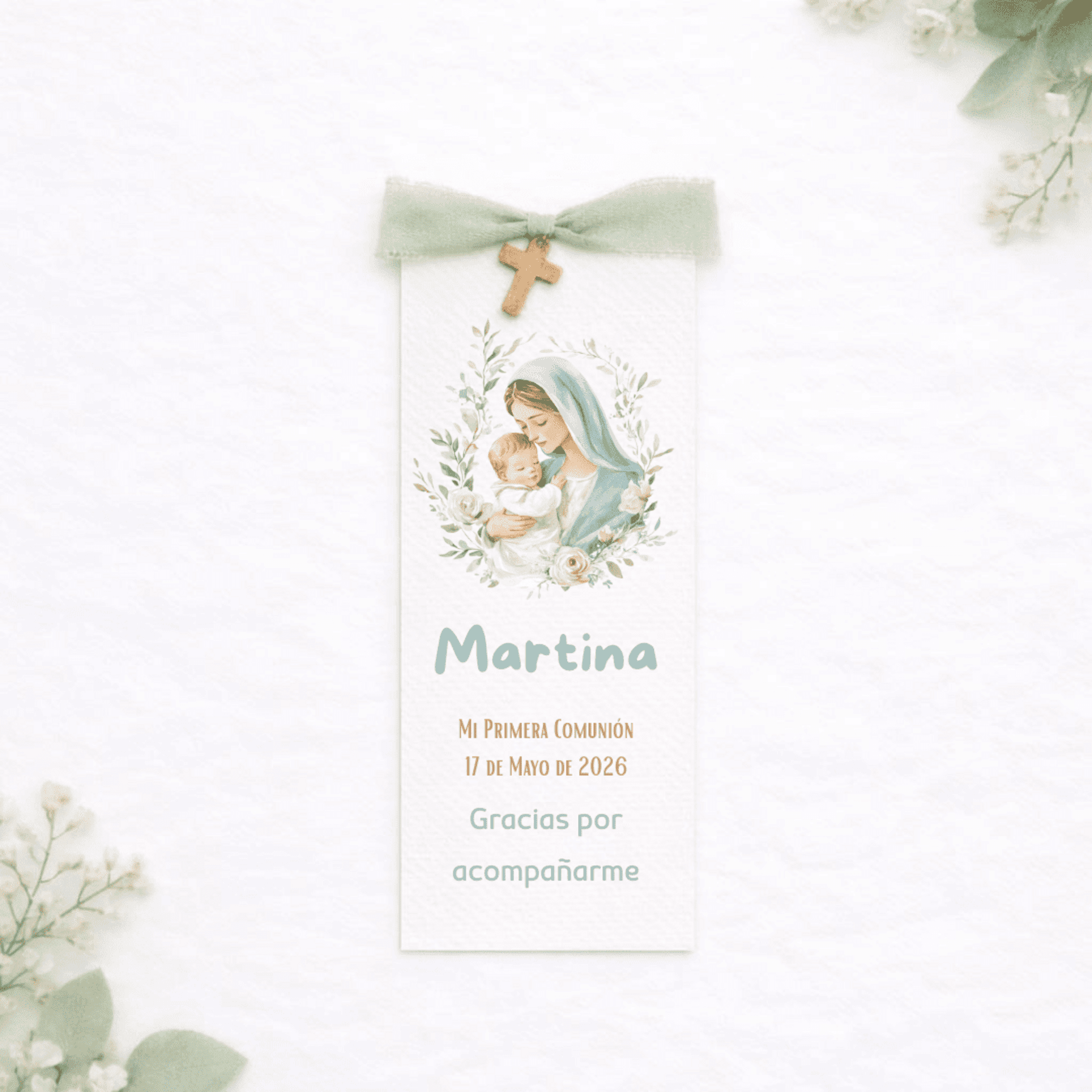 Recordatorios de comunión Virgen María – Cruz de madera con lazada seda - 4